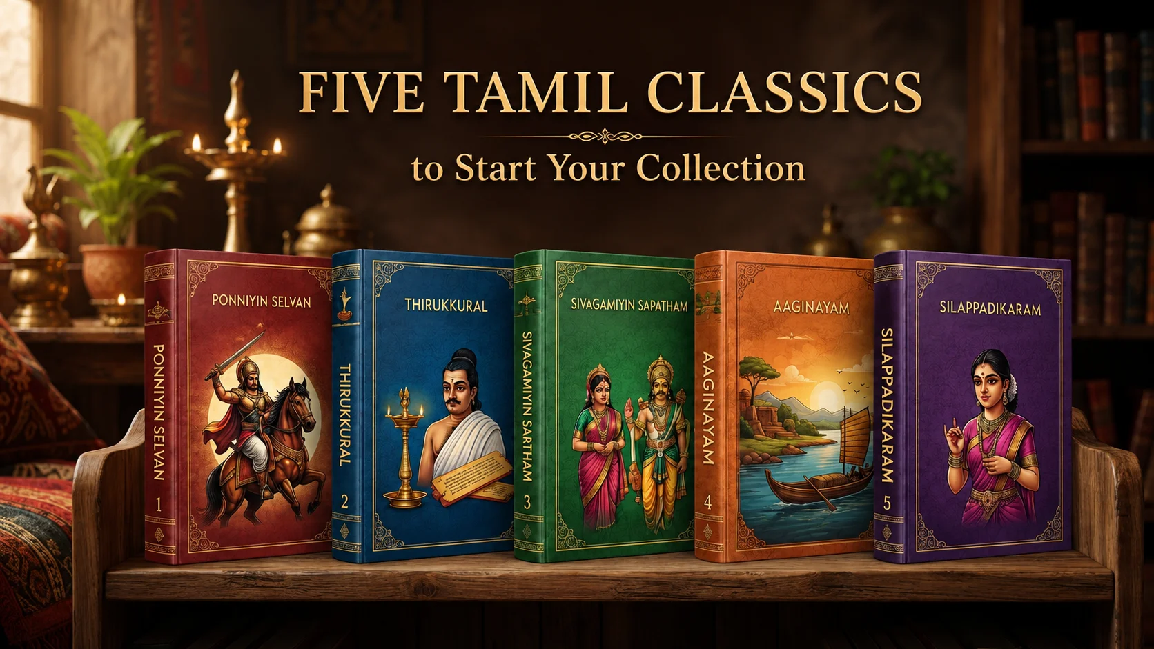 A shelf of five recommended Tamil classics